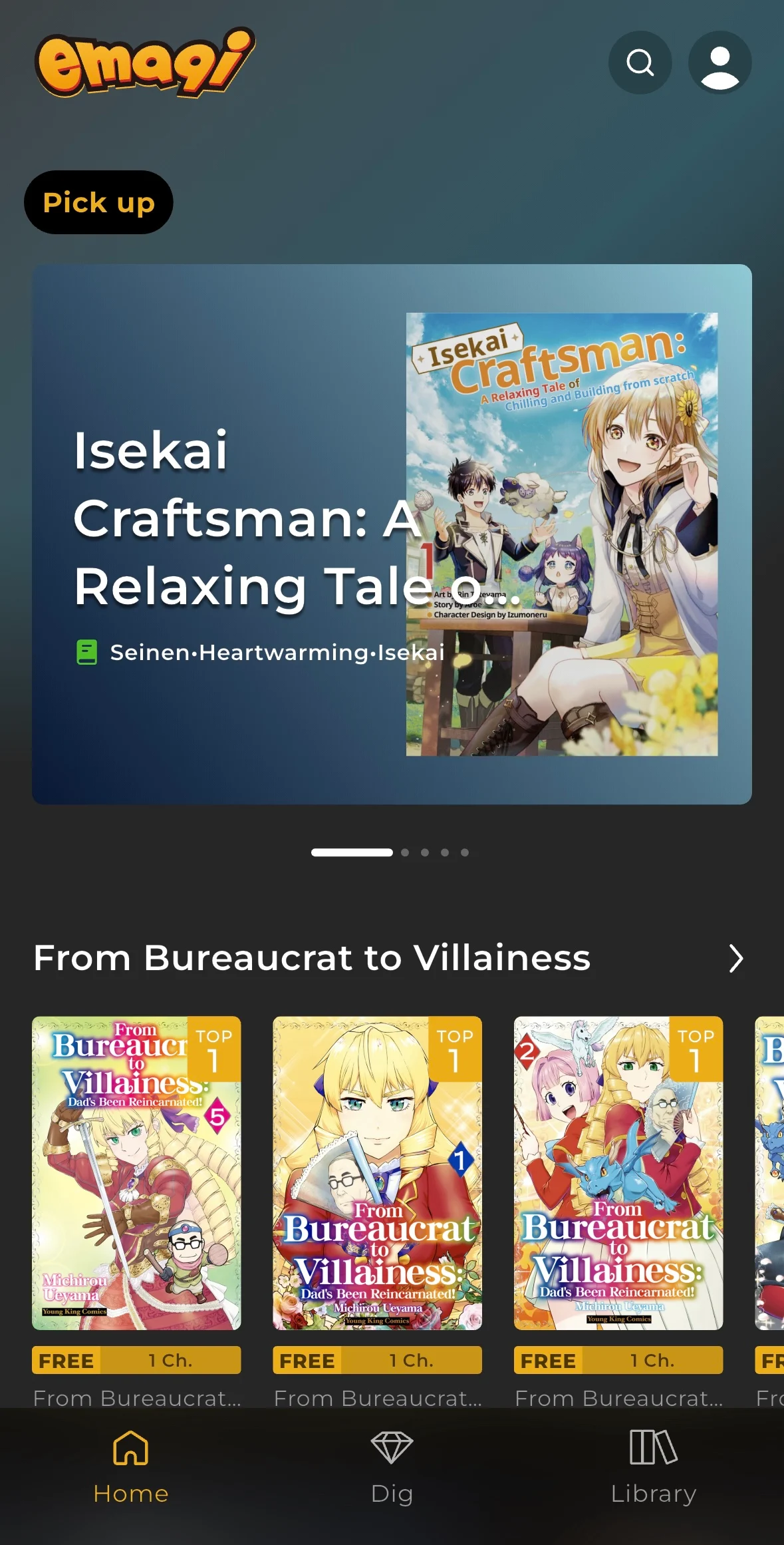 Home screen showing a vertical timeline of recommended manga