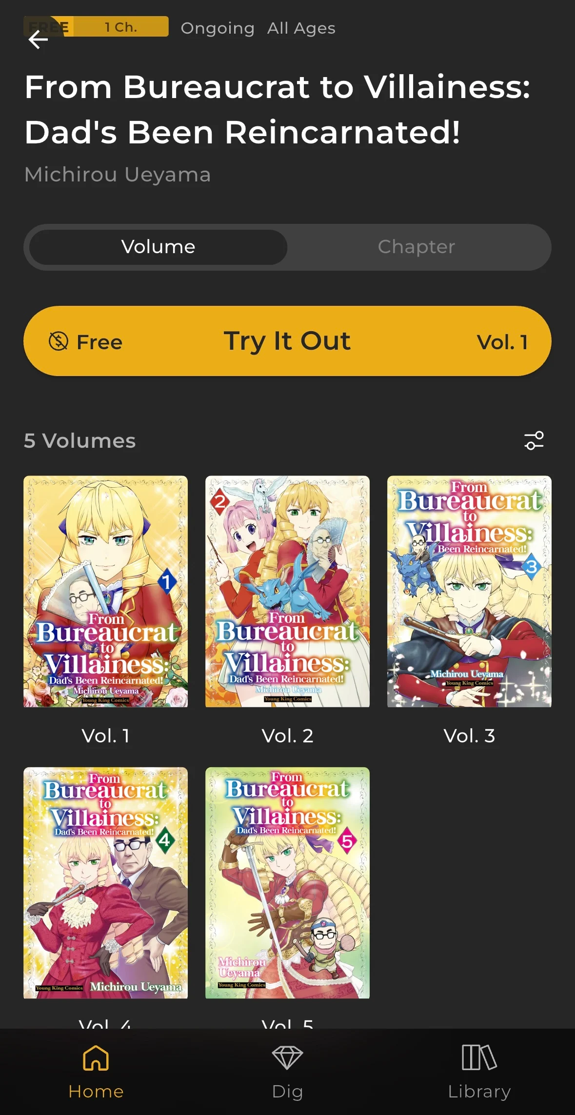Volume tab showing a list of volumes with Free and coin labels