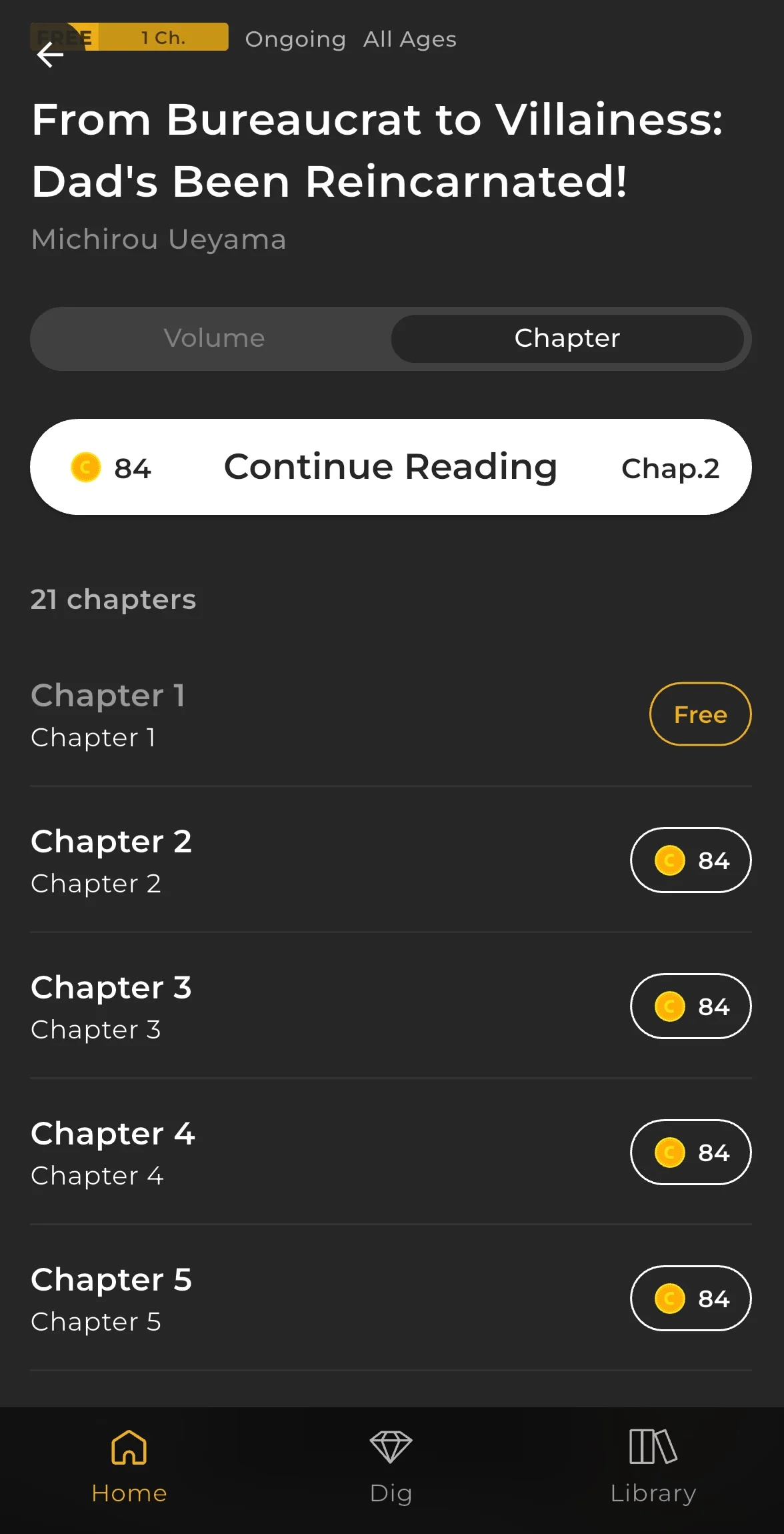 Chapter tab showing a list of chapters with Free, Wait Until Free, and coin labels