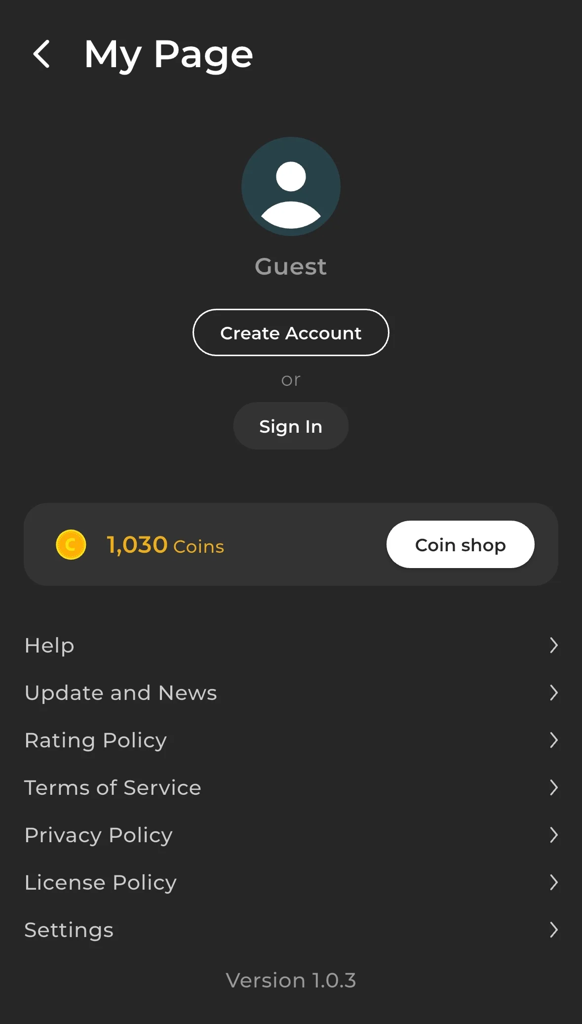 My Page screen accessed from the profile icon