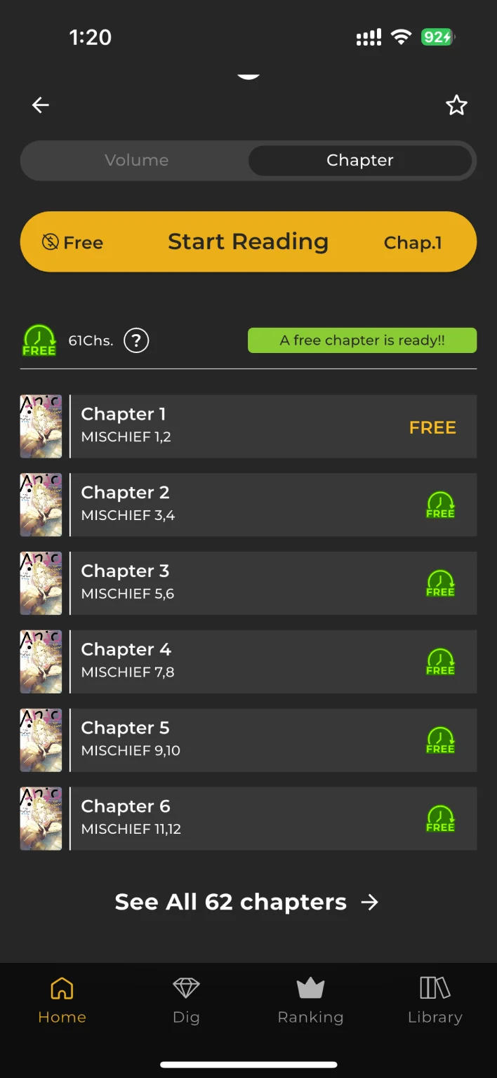 Chapter with a "Wait Until Free" countdown timer