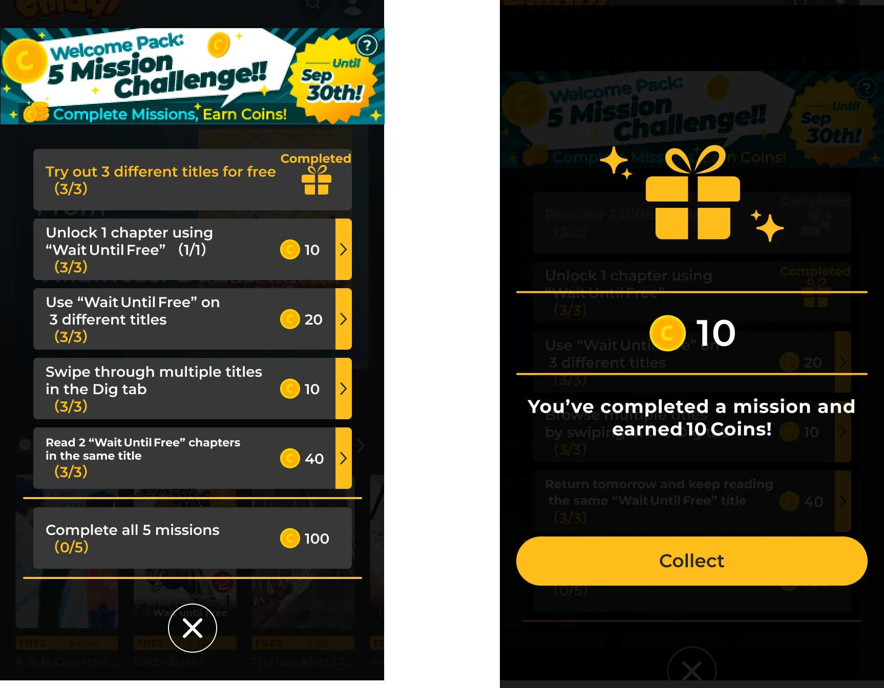 Mission list with gift box icons for completed missions