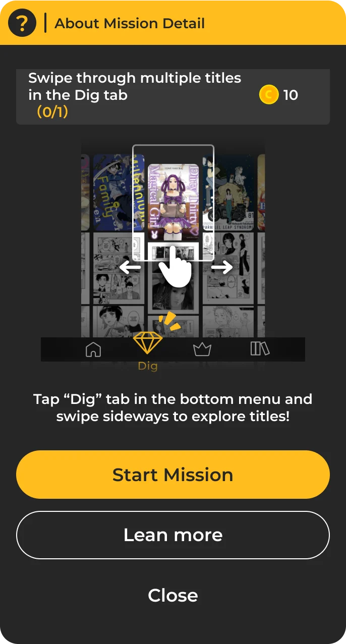 Dig tab with swipeable manga recommendations