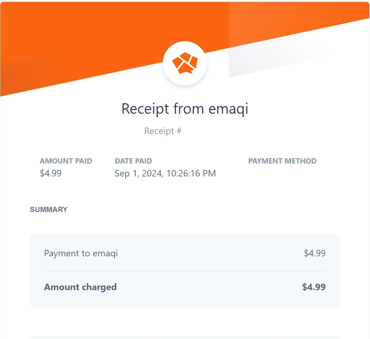 Example receipt email sent after a purchase is completed