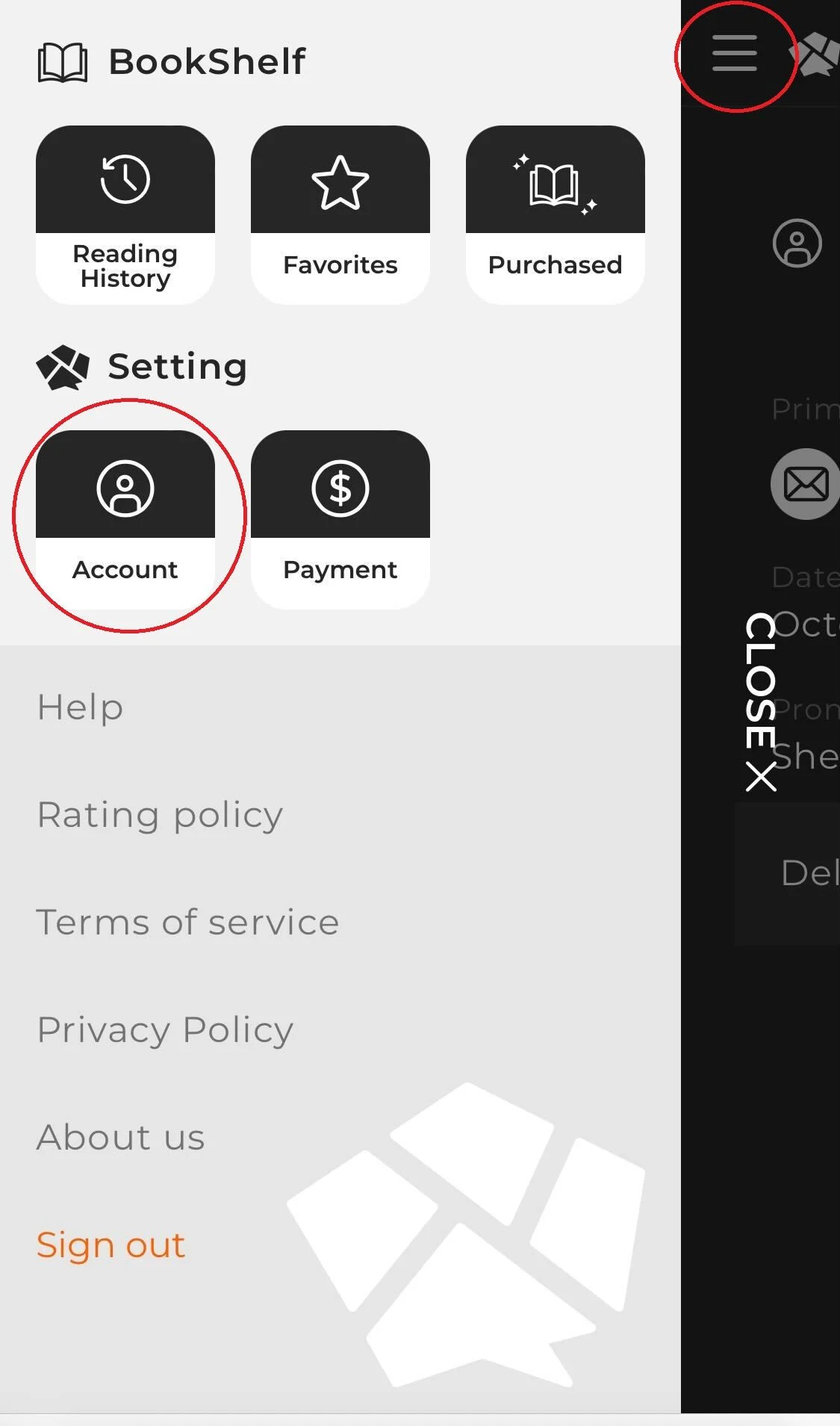 Account section in the menu after signing in