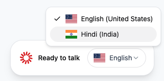 Widget with language selector dropdown showing English and Hindi options