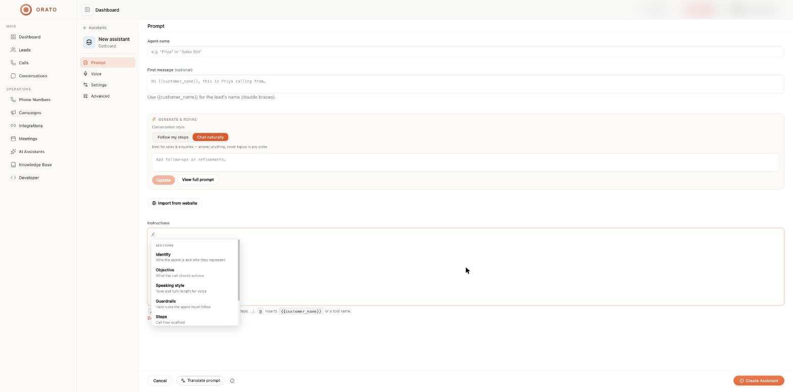Section menu opened with the slash shortcut