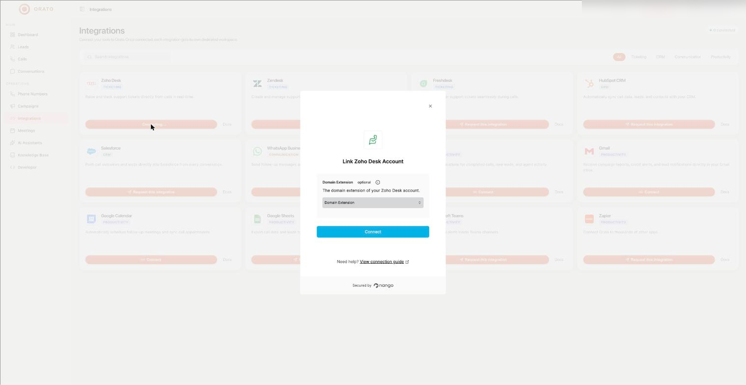 Connection window for Zoho Desk
