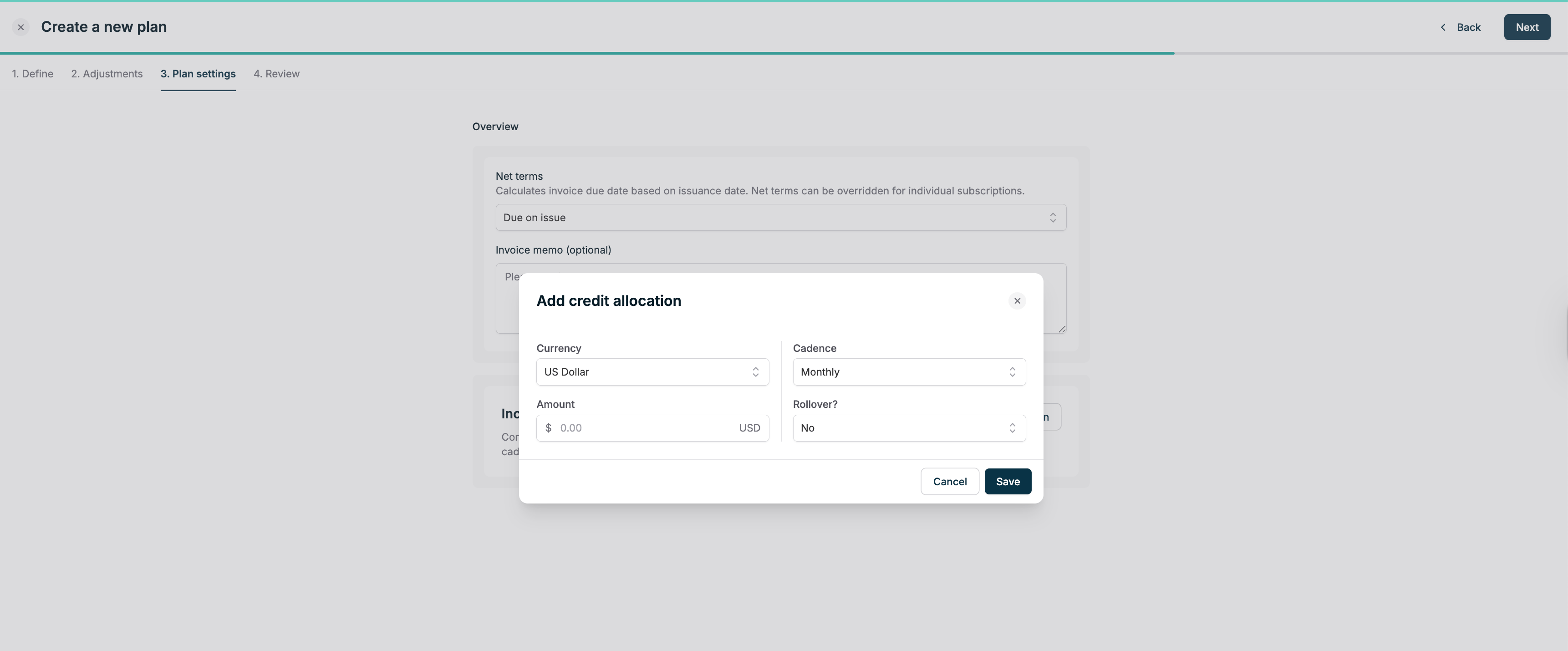 Add credit allocation dialog in plan settings