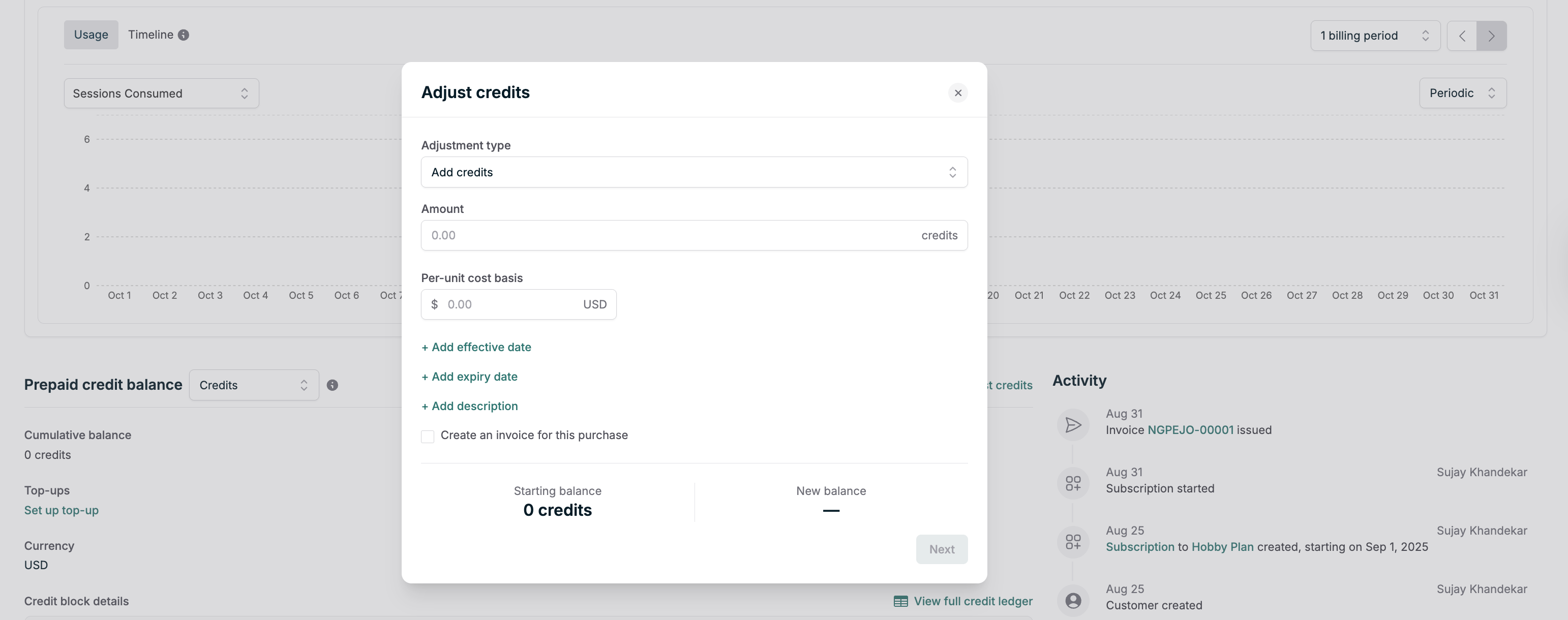 Adjust credits dialog