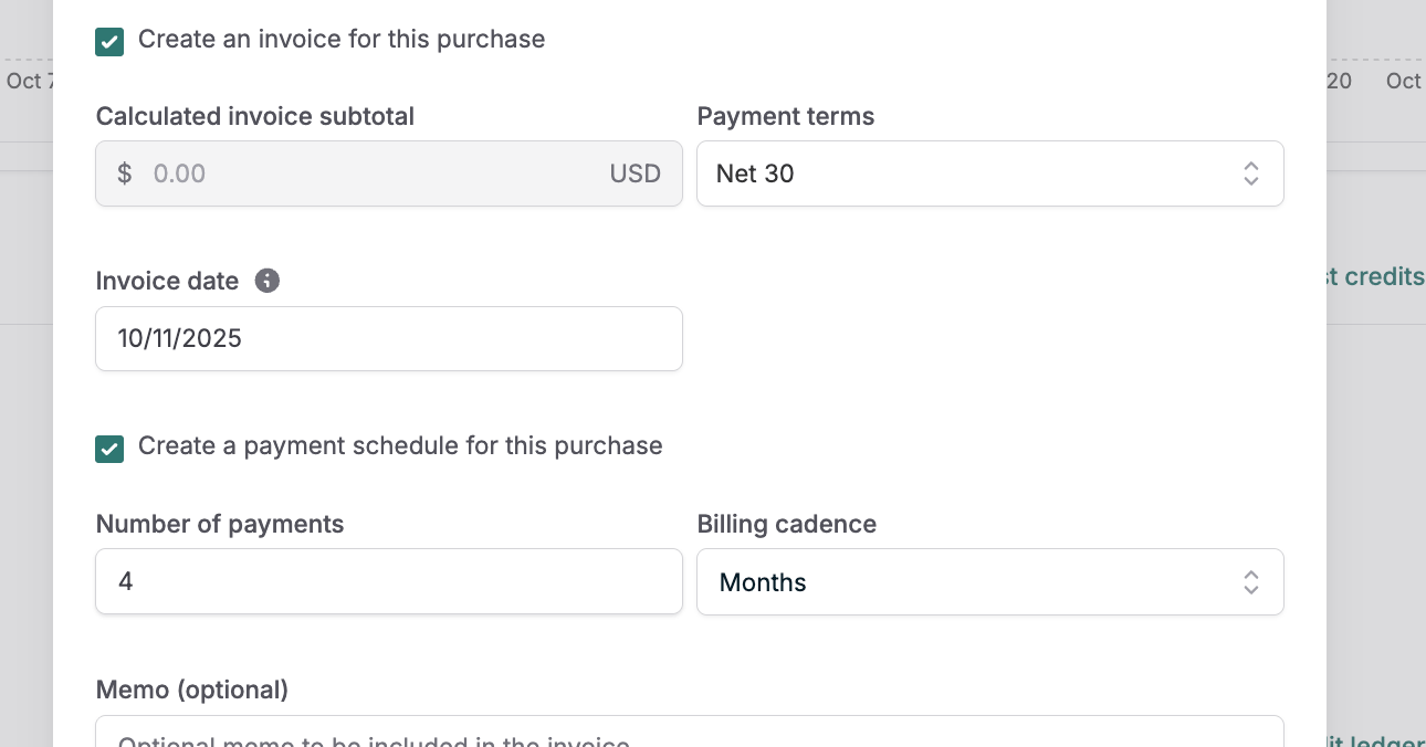 Credit purchase invoice and payment schedule options