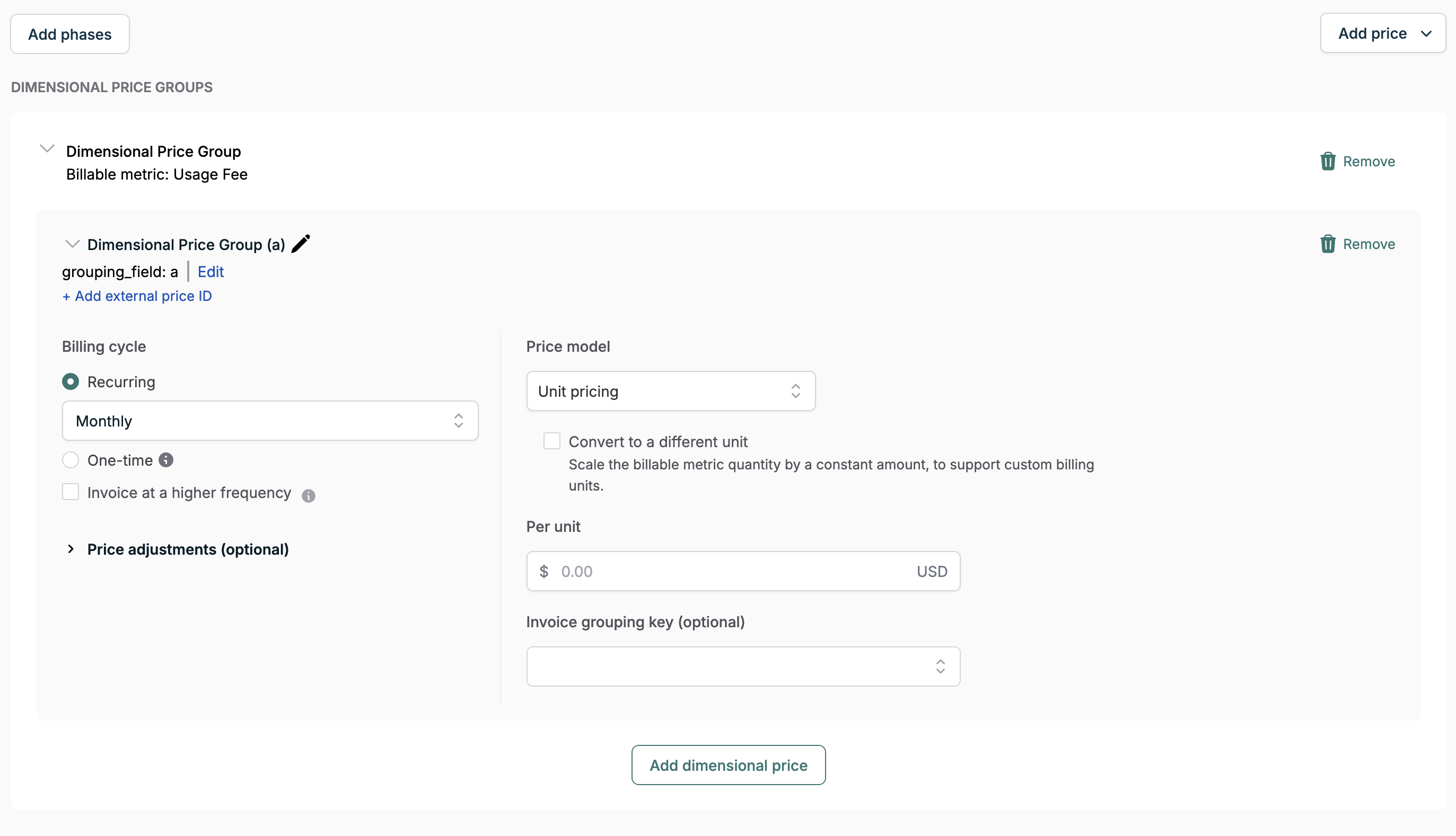 Add price to dimensional price group
