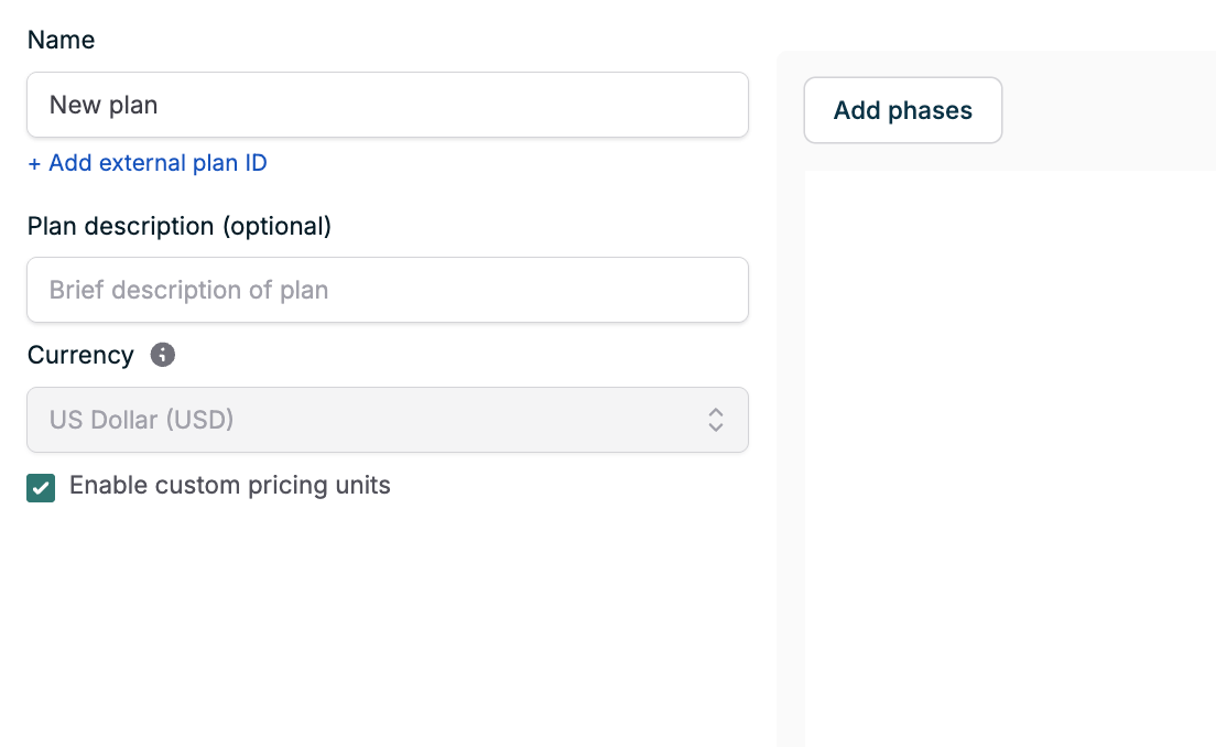 New plan form with Enable custom pricing units checked