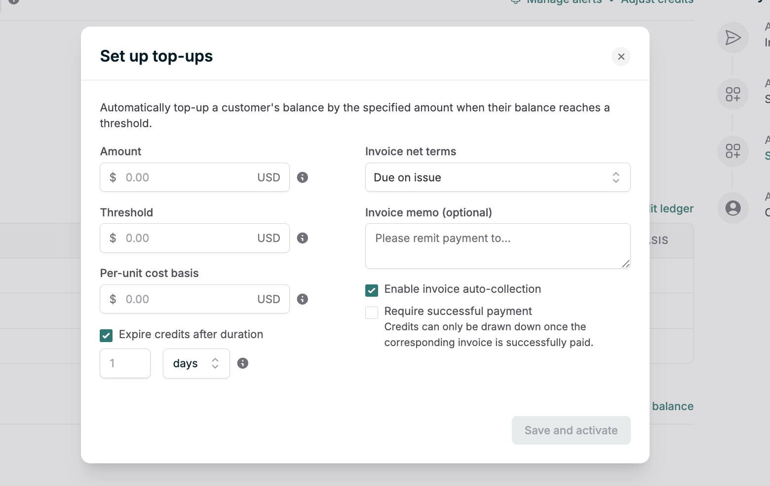 Set up credit top-ups dialog