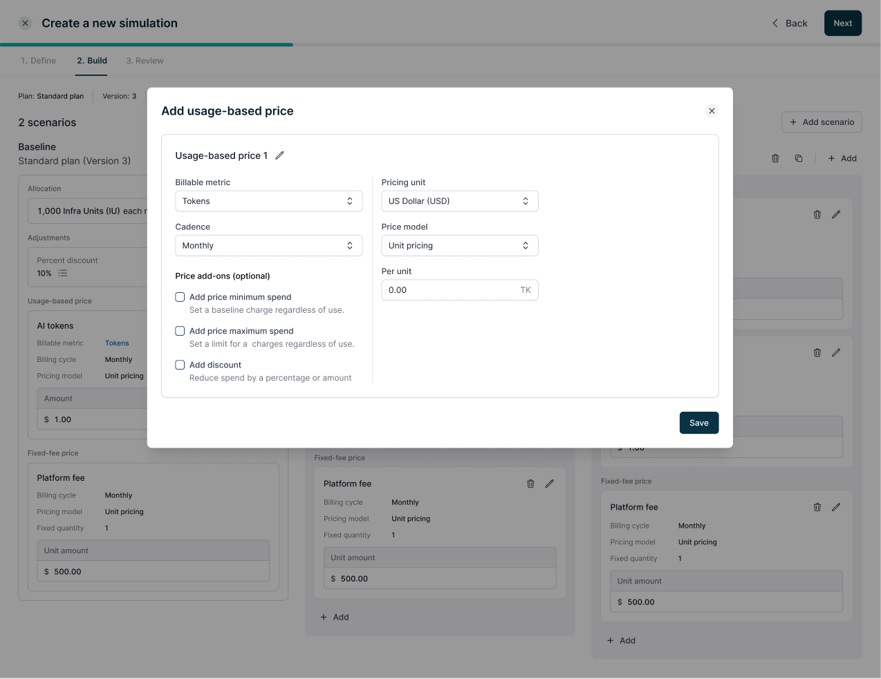 Add usage-based price modal in a simulation