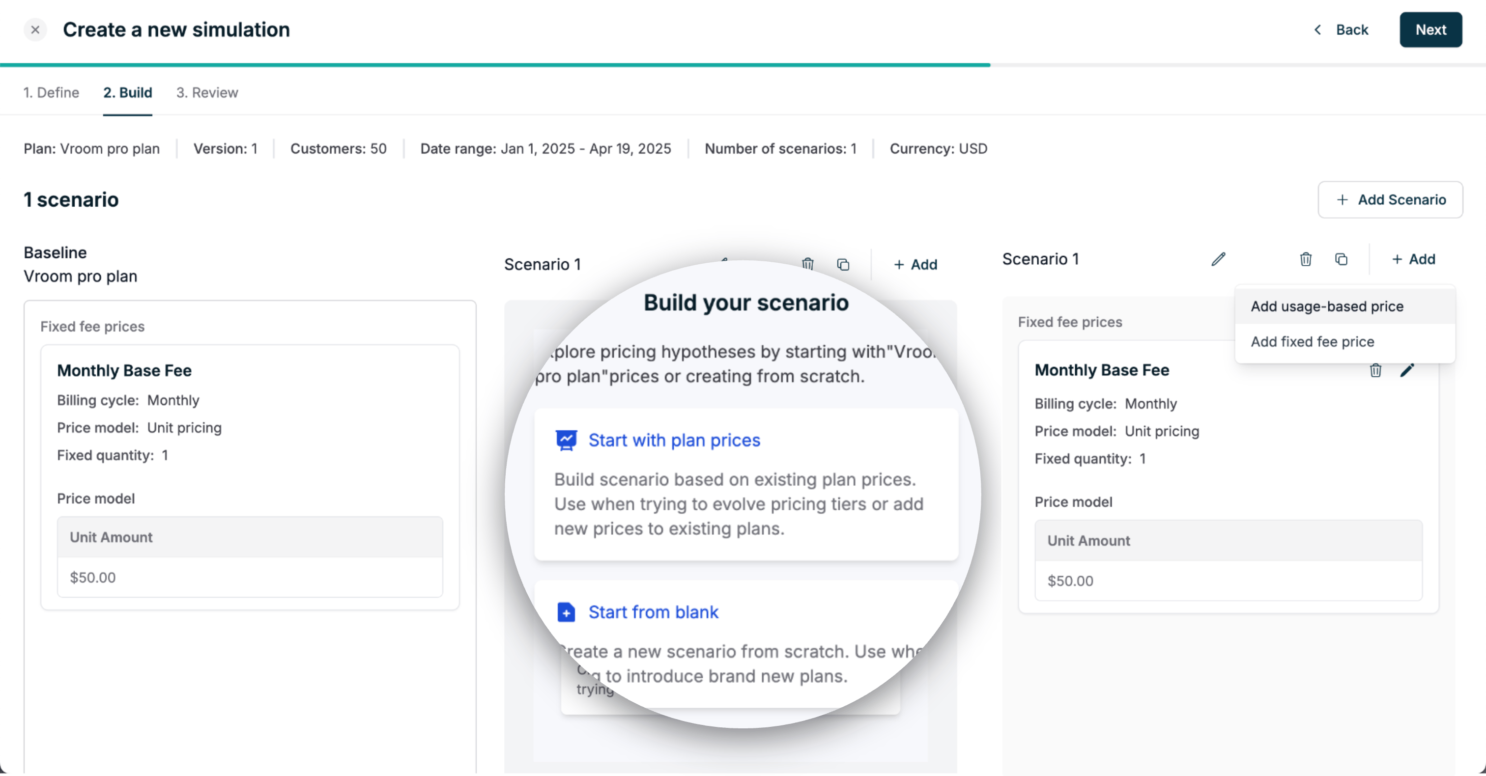 Build a simulation scenario from existing plan prices