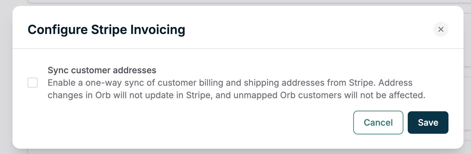 Configure Stripe Invoicing dialog with Sync customer addresses option