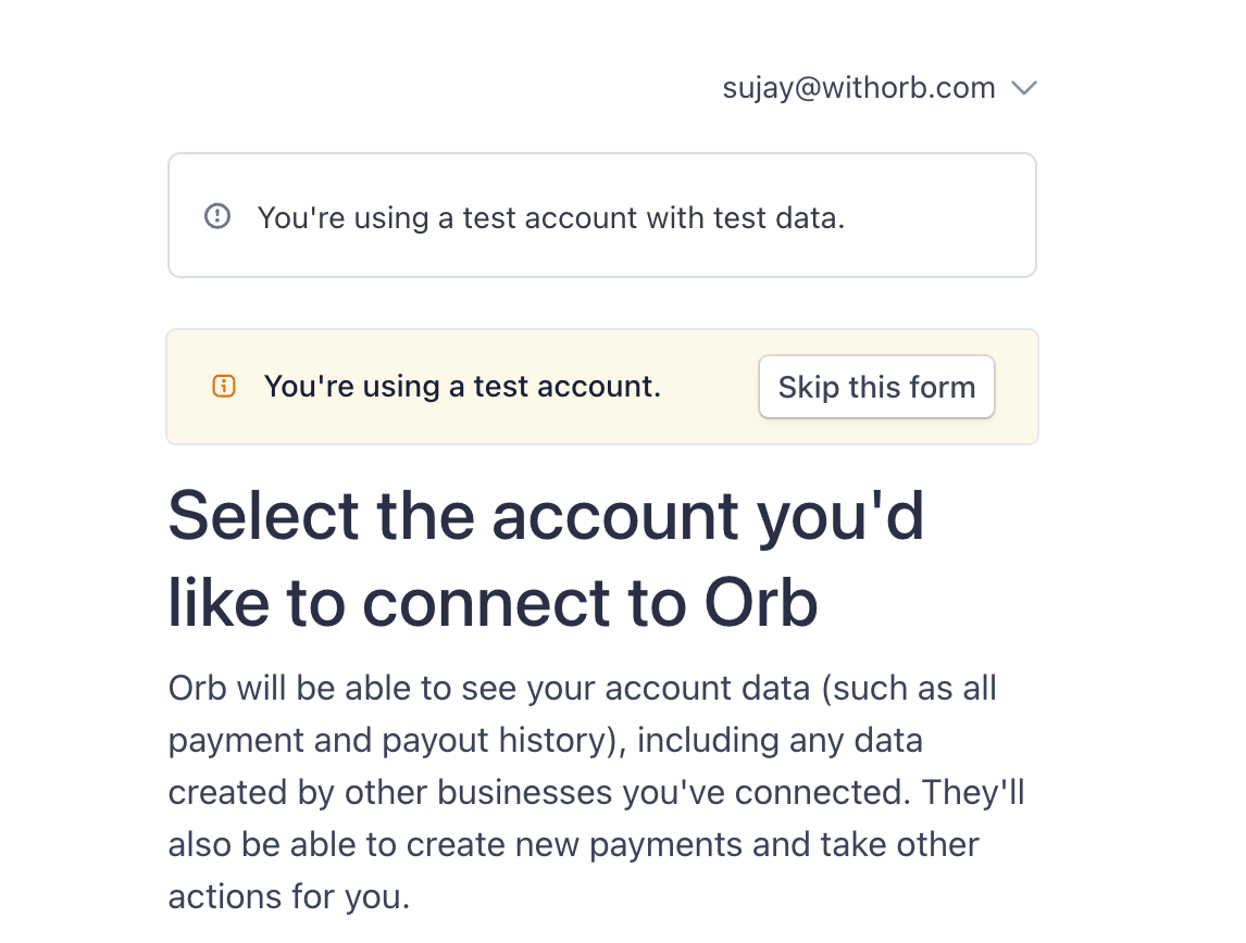 Stripe test mode connection prompt with Skip this form option