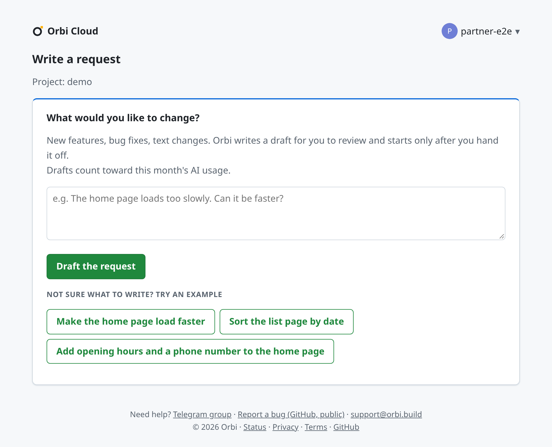The write-a-request page with a text box, the Draft the request button and three examples
