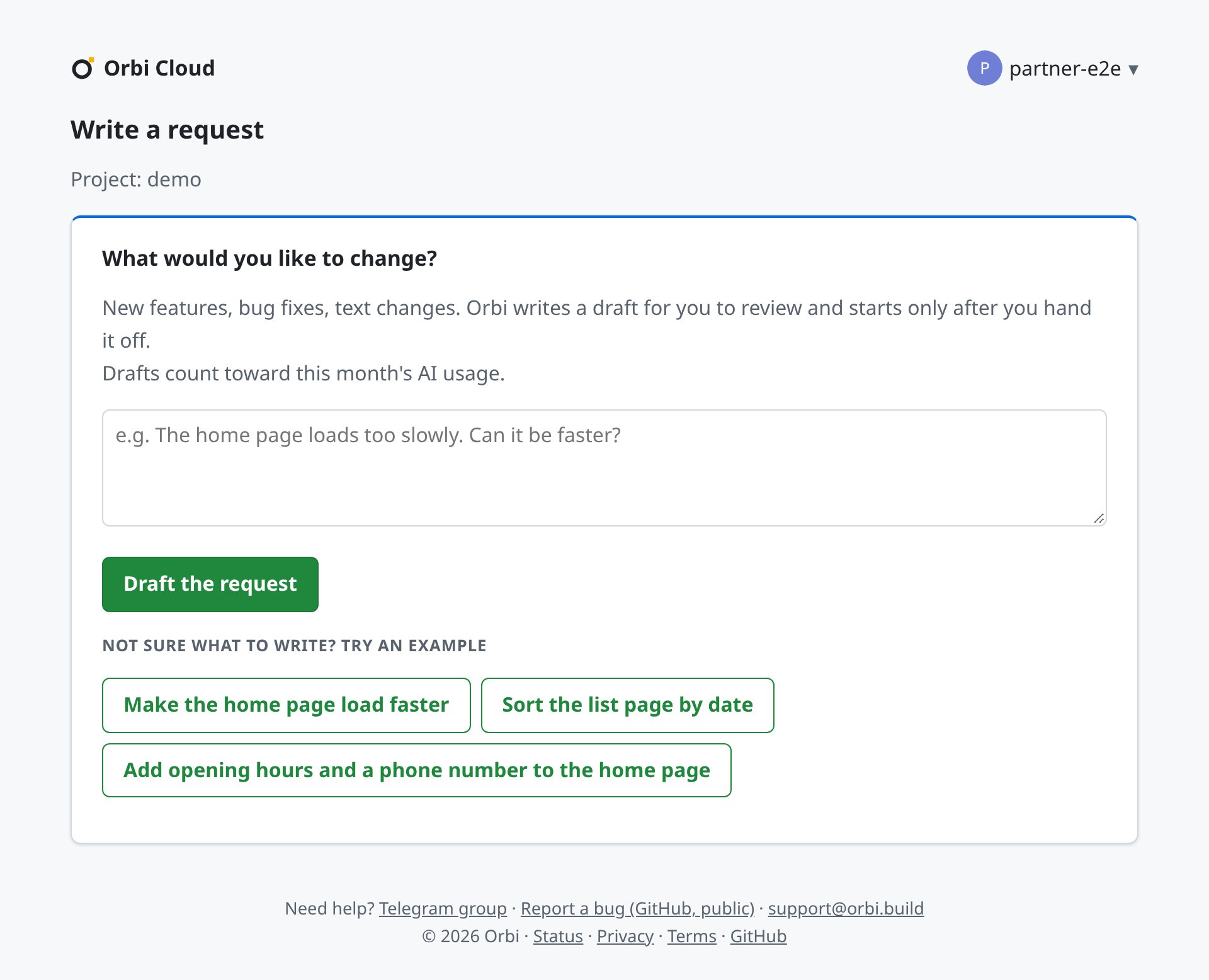 The write-a-request page with a text box, the Draft the request button and three examples