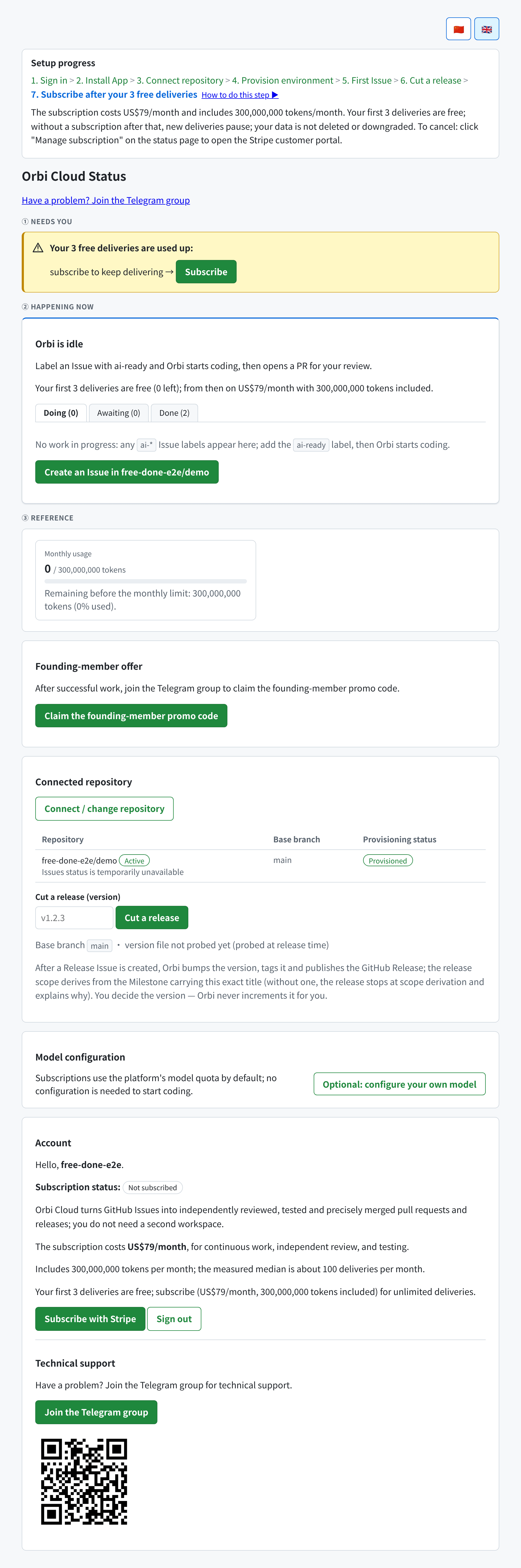 The status page for a tenant whose free allowance is used up