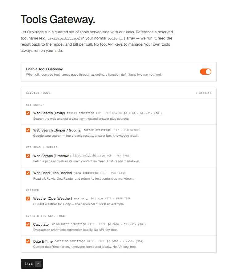 Tools Gateway settings page with the managed-tool allow-list