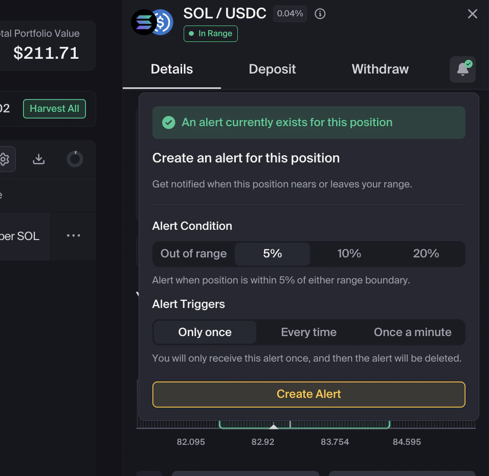 Create Alert interface showing the four alert conditions (Out of range / 5% / 10% / 20%) and three trigger frequency options