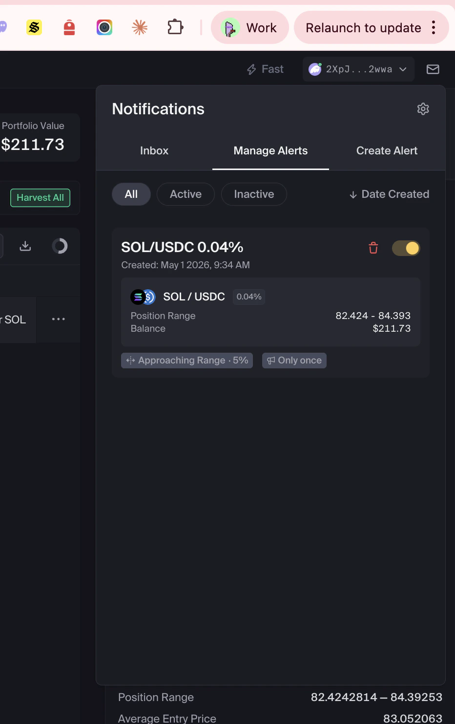 Manage Alerts tab with alert cards showing toggle and delete options