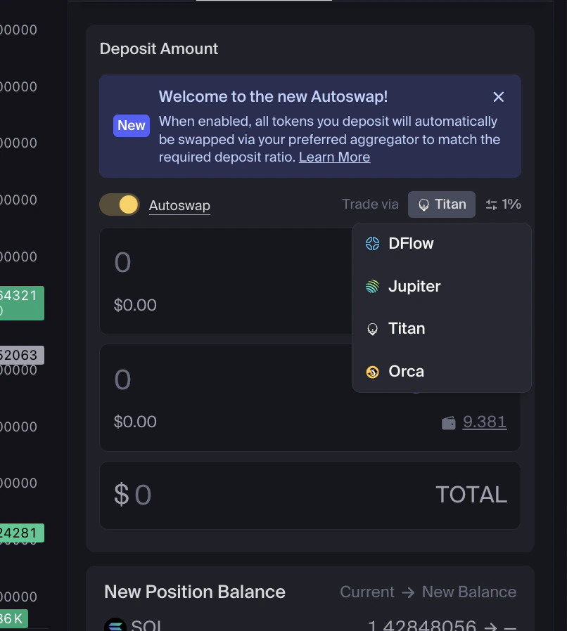 Autoswap aggregator dropdown showing DFlow, Jupiter, Titan, and Orca options