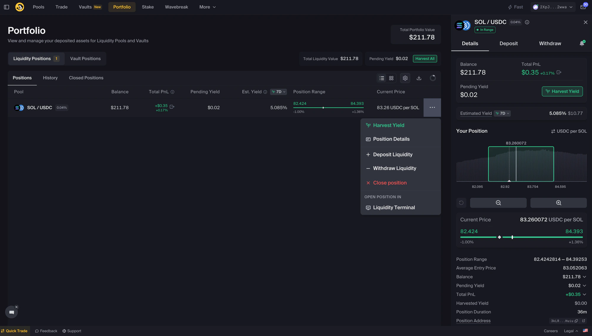 Portfolio page showing a SOL/USDC liquidity position with the action menu open (Harvest Yield, Position Details, Deposit Liquidity, Withdraw Liquidity, Close position, Open Position In Liquidity Terminal) and the Position Details sidebar visible on the right
