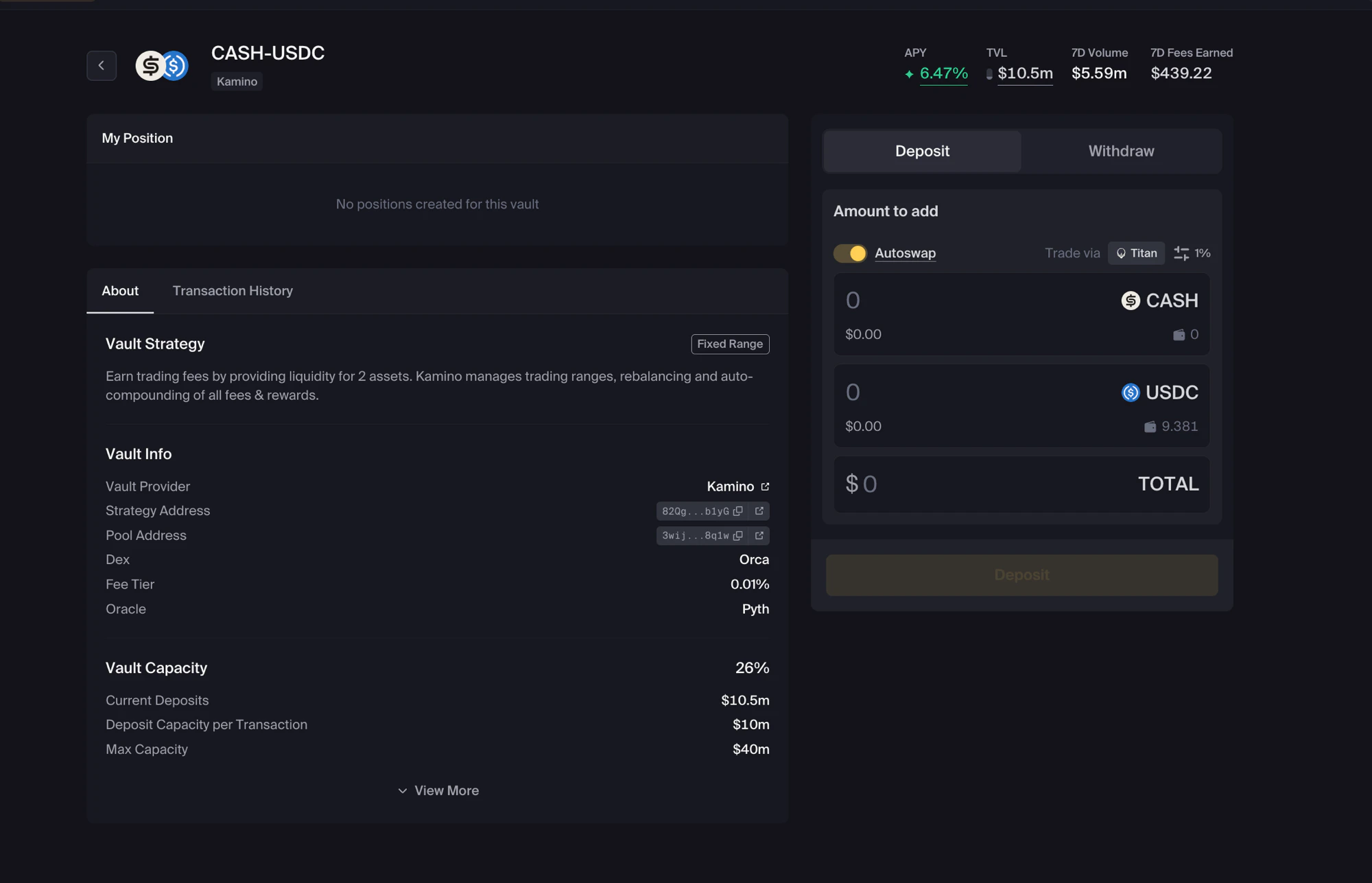 CASH-USDC Vault detail page showing Vault Strategy, Vault Info, Vault Capacity, and the Deposit panel with Autoswap
