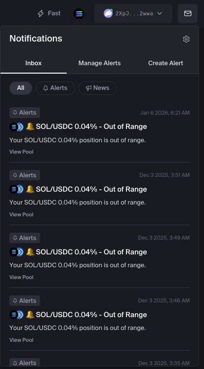 Notifications Inbox showing out of range alerts