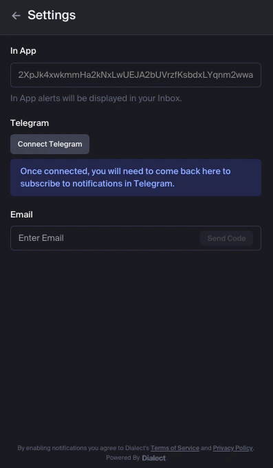 Notification settings showing In-App, Telegram, and Email options