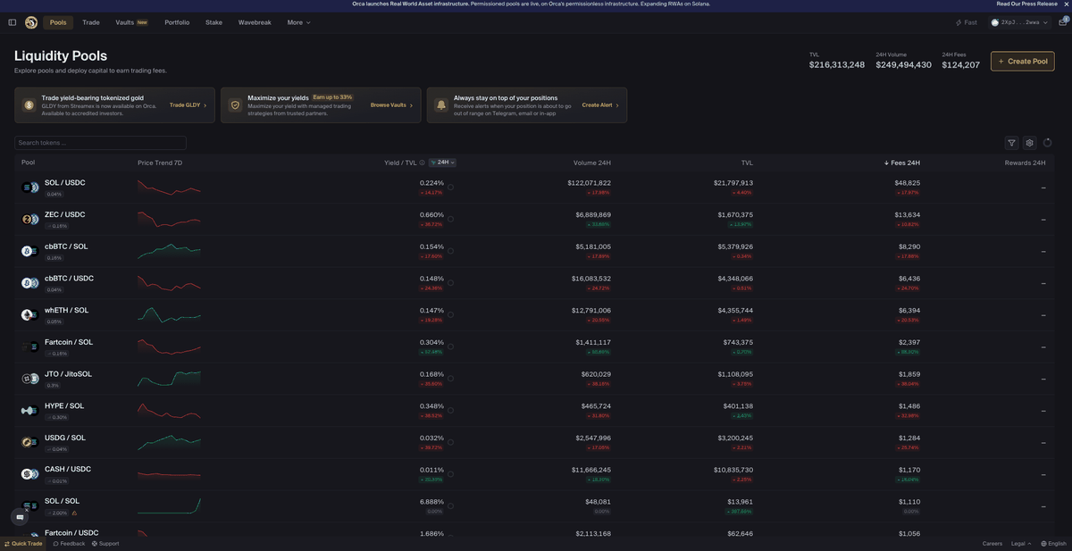 Browsing the Orca pool list, clicking into a pool, and setting up a position range with deposit amount