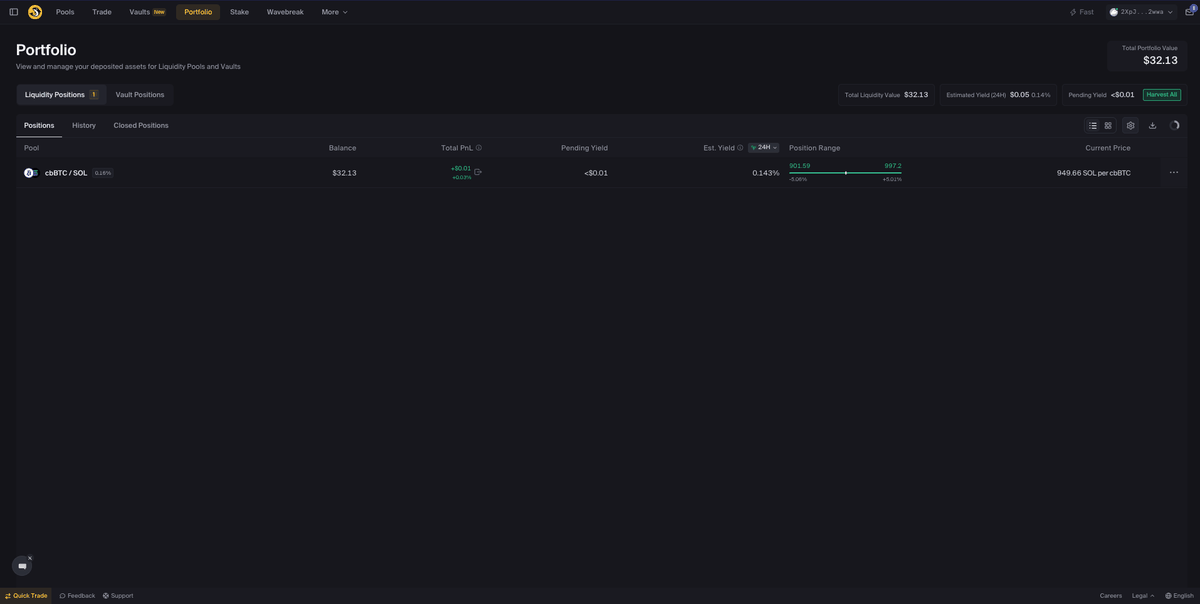 Orca portfolio walkthrough — viewing positions, clicking into a position to see Balance, PnL, Pending Yield, and position range status