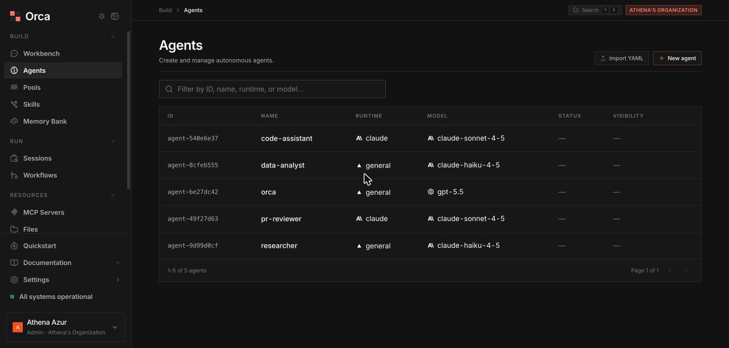 Agents table listing five agents with runtime and model columns
