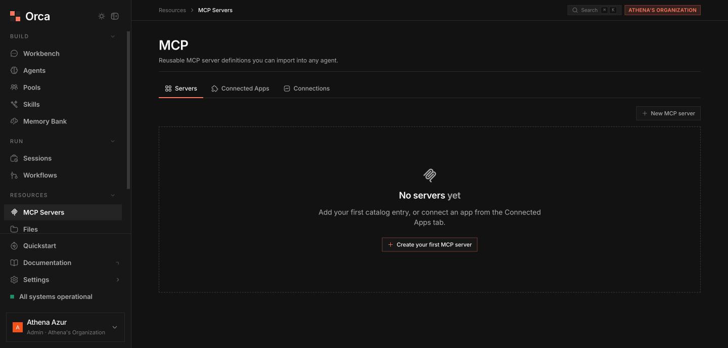 MCP Servers page with Servers, Connected Apps, and Connections tabs