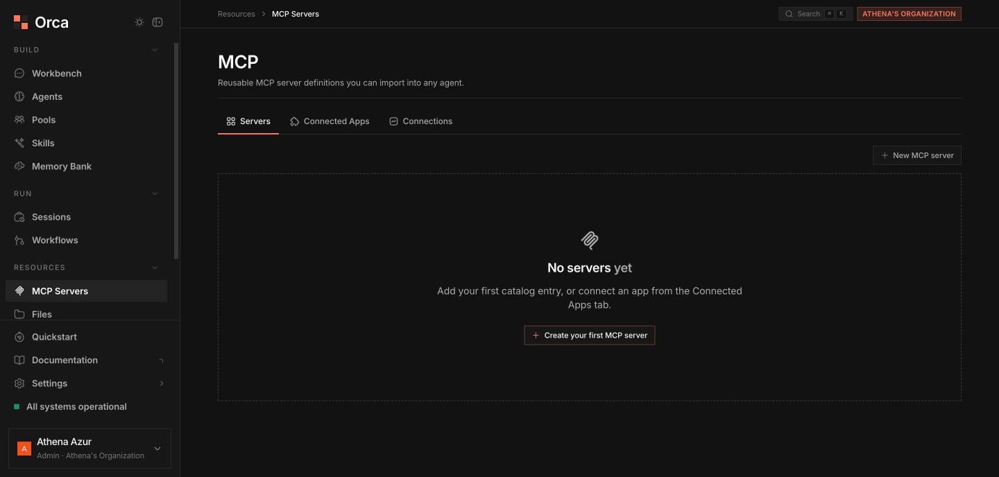 MCP Servers page with Servers, Connected Apps, and Connections tabs
