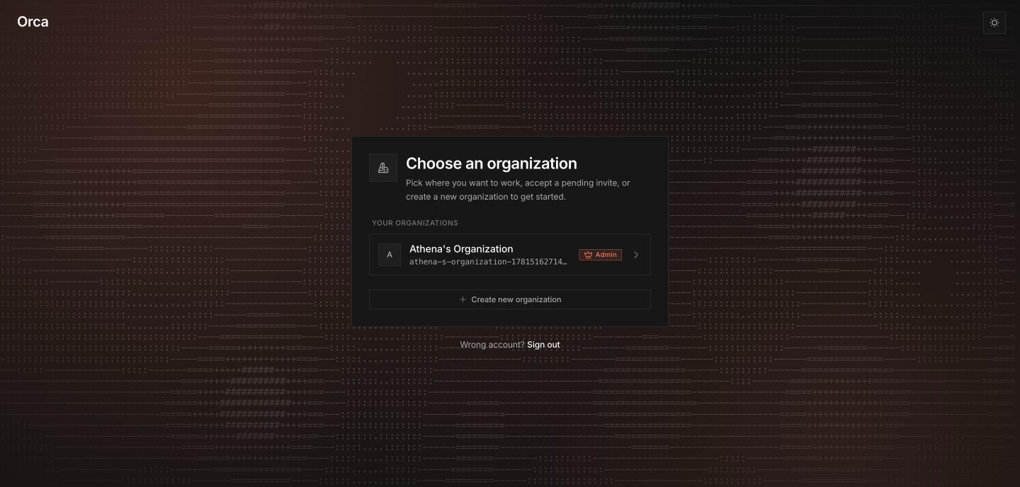 Choose an organization screen