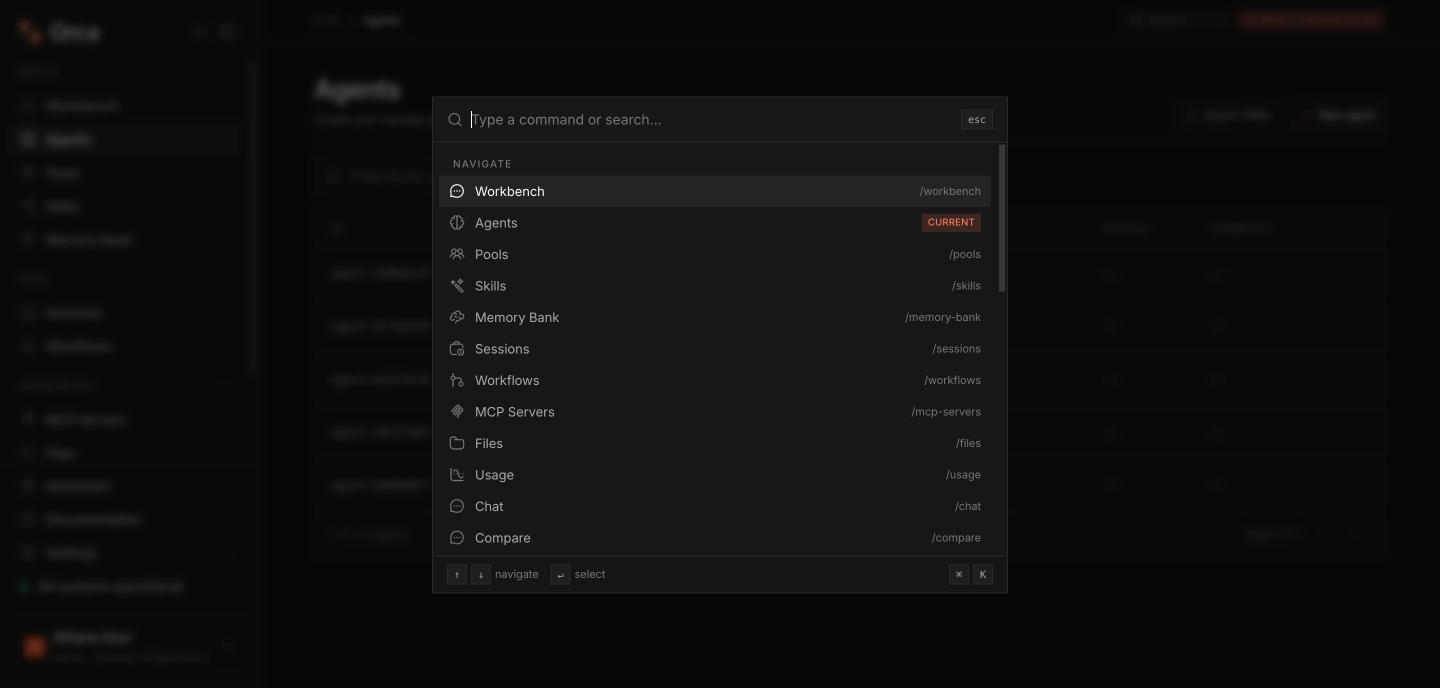 Command palette open with grouped navigation actions