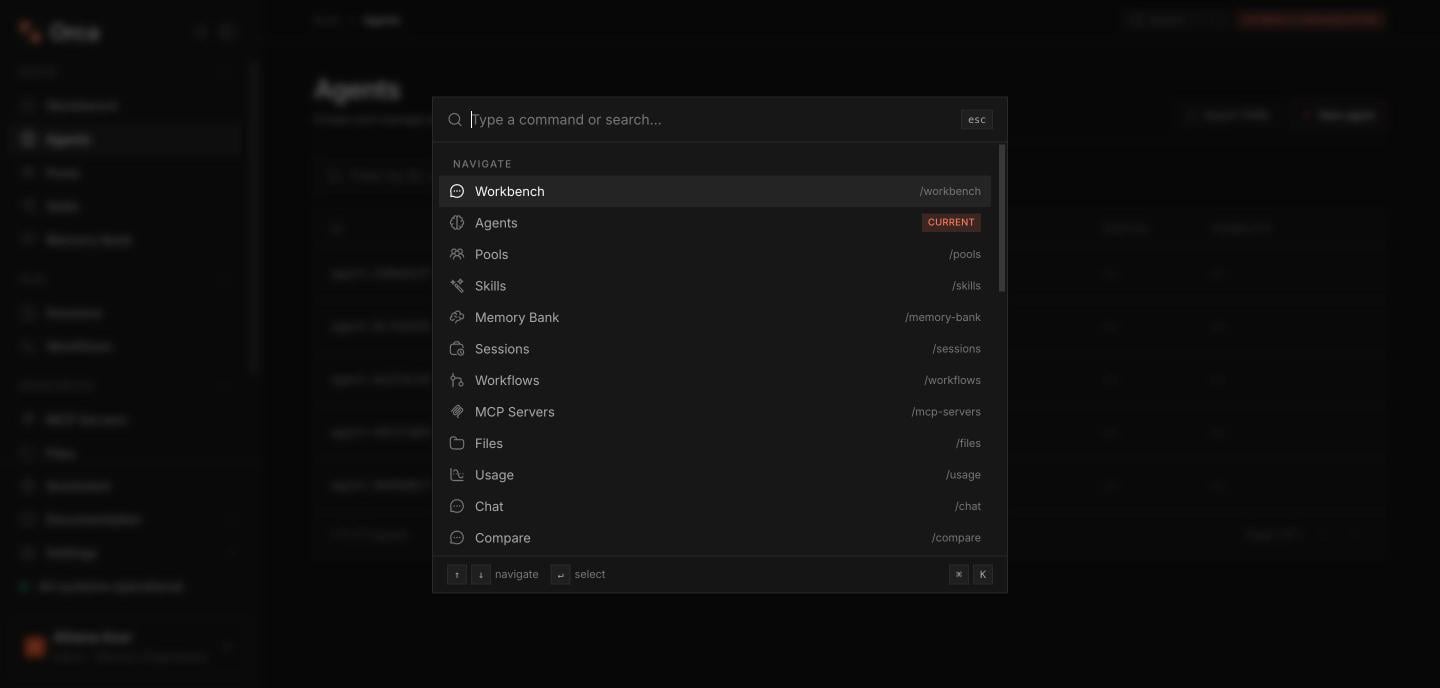 Command palette open with grouped navigation actions