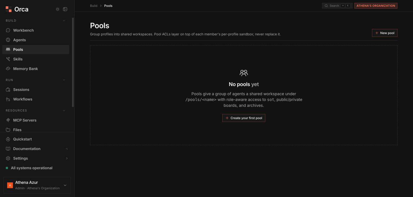 Pools page empty state with New pool action