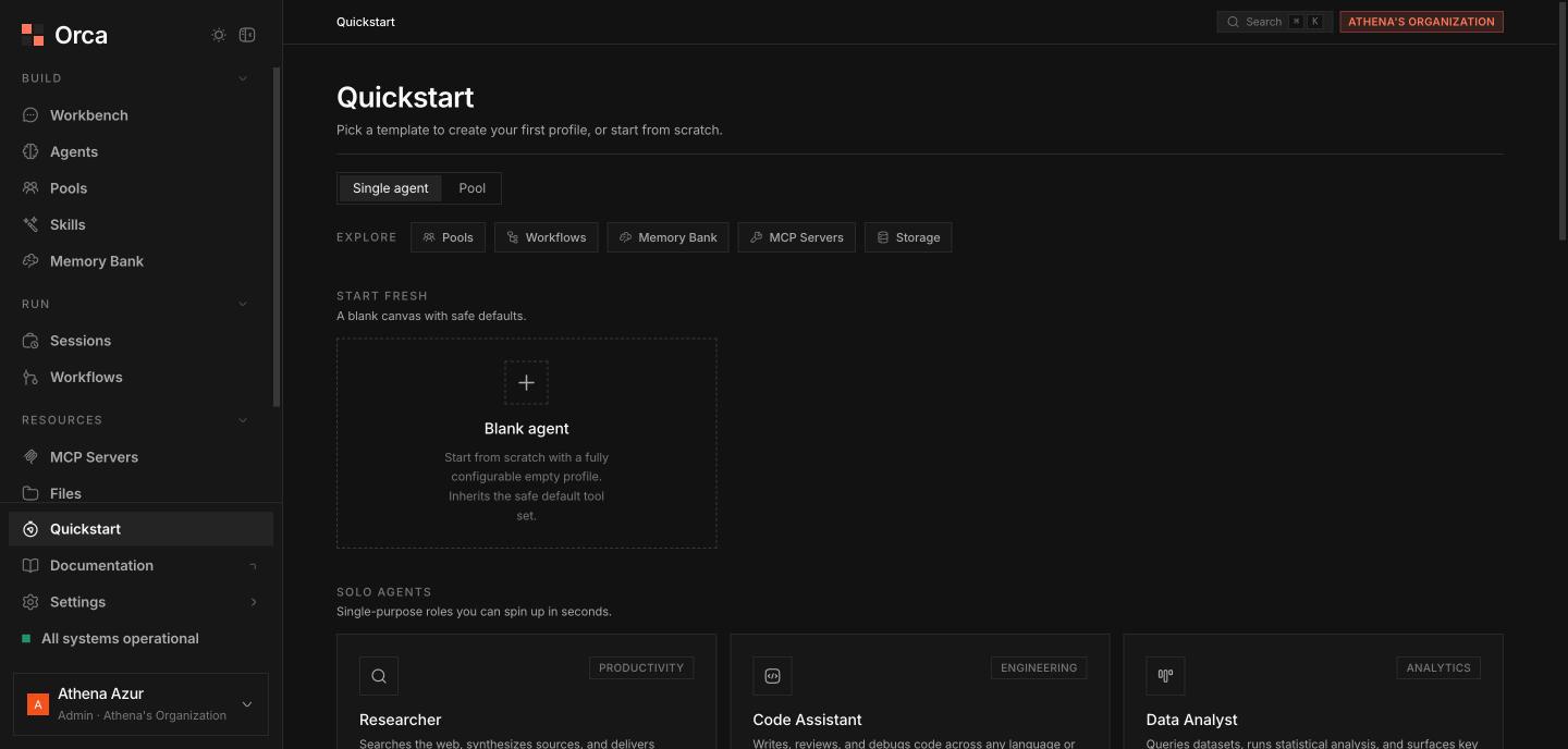 Quickstart template gallery with grouped cards and feature chips