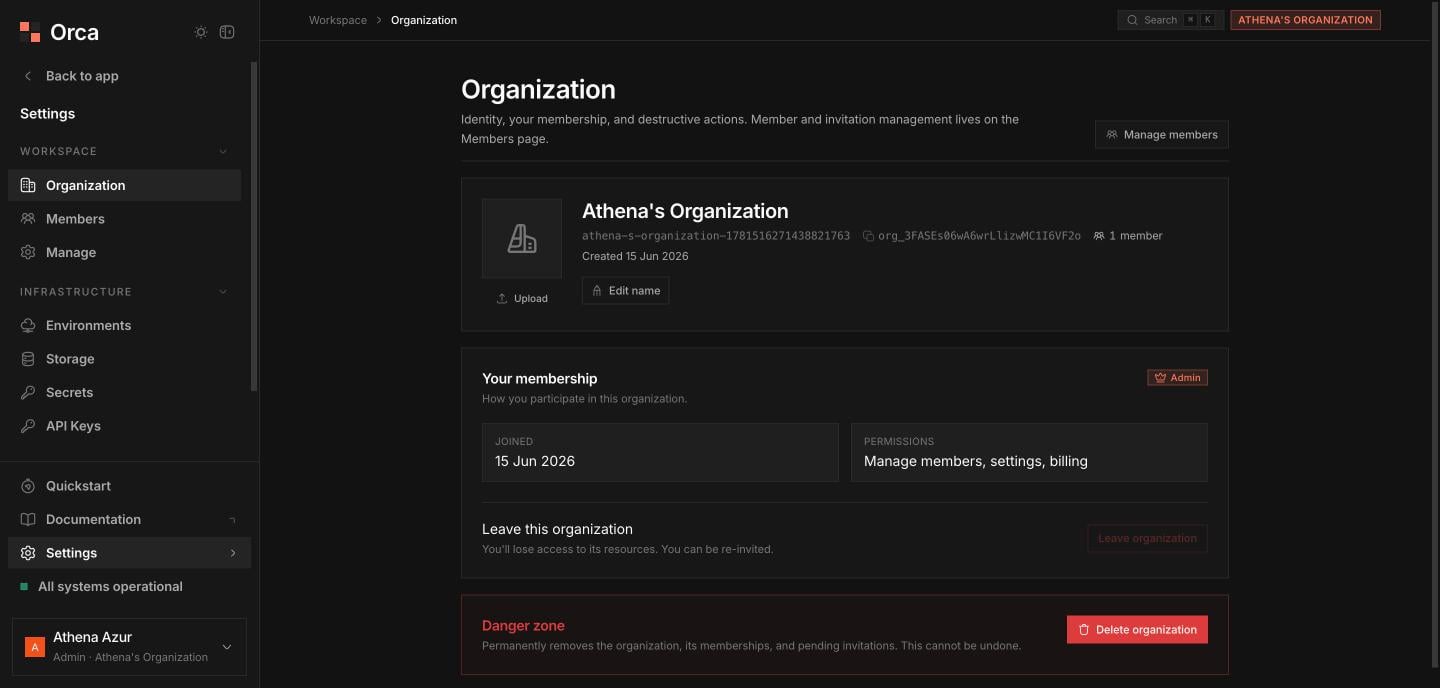 Organization settings page with identity hero and membership card