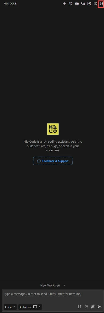 Bảng Kilo Code với biểu tượng bánh răng cài đặt được làm nổi bật