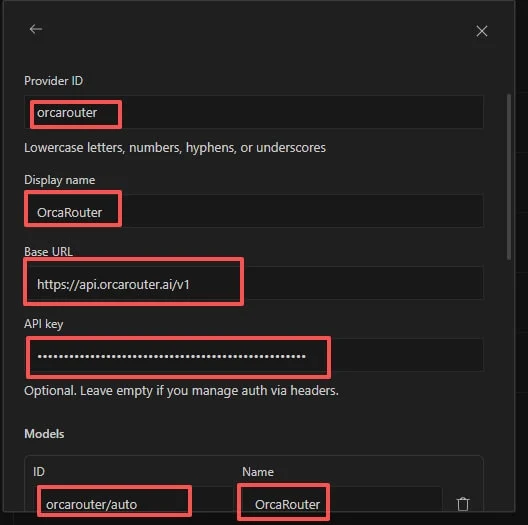 Provider ID, base URL, và API key của OrcaRouter trong Kilo Code
