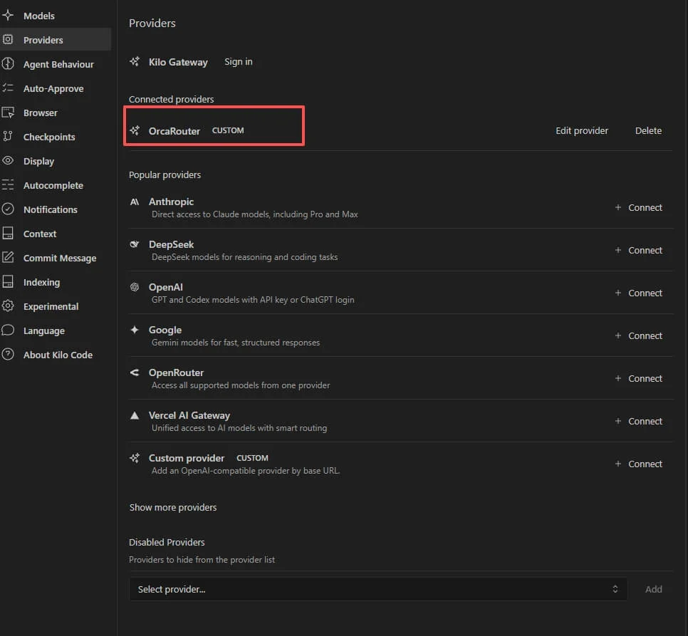 OrcaRouter được liệt kê dưới Connected providers trong Kilo Code