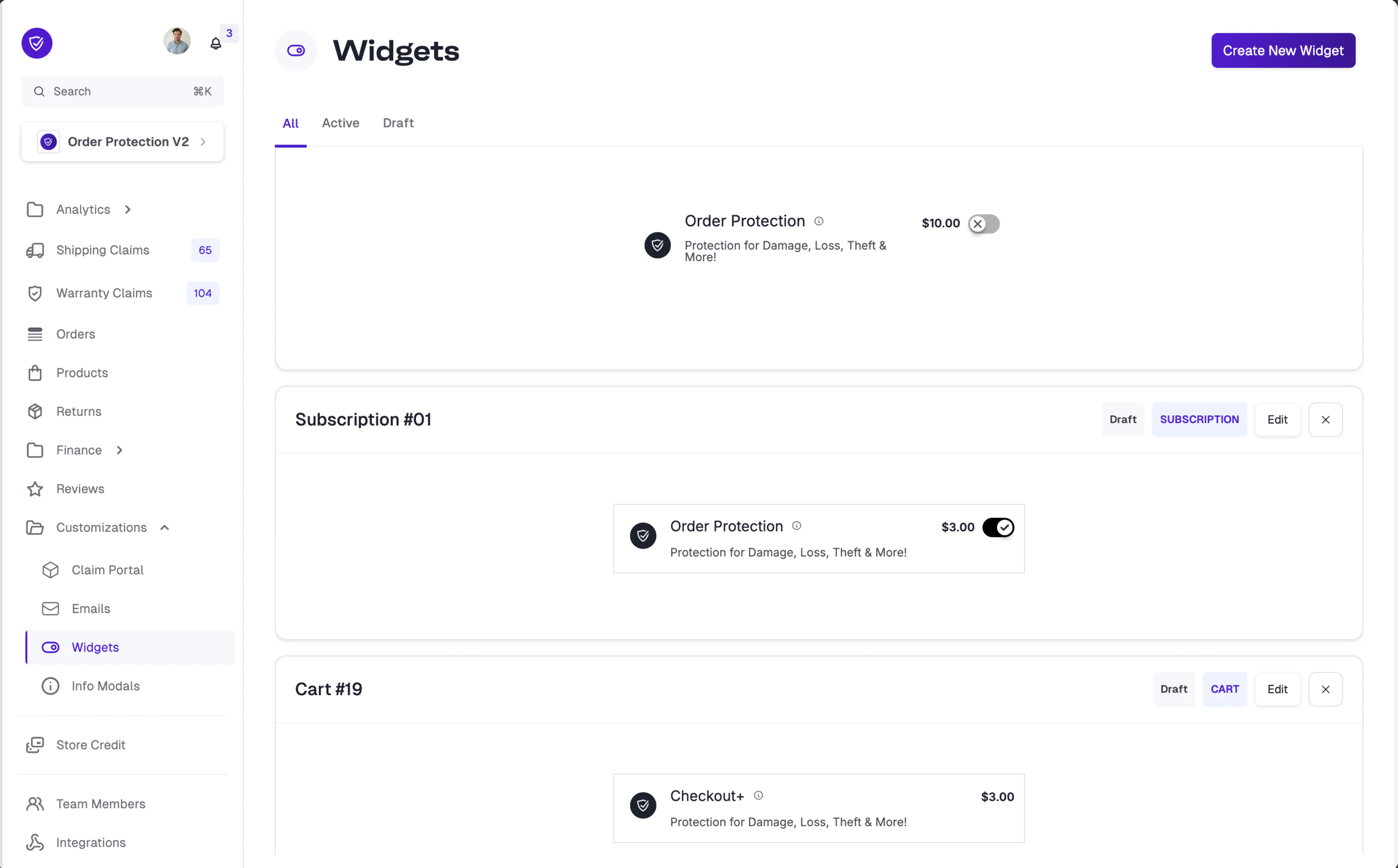 Widgets list showing a Subscription widget type