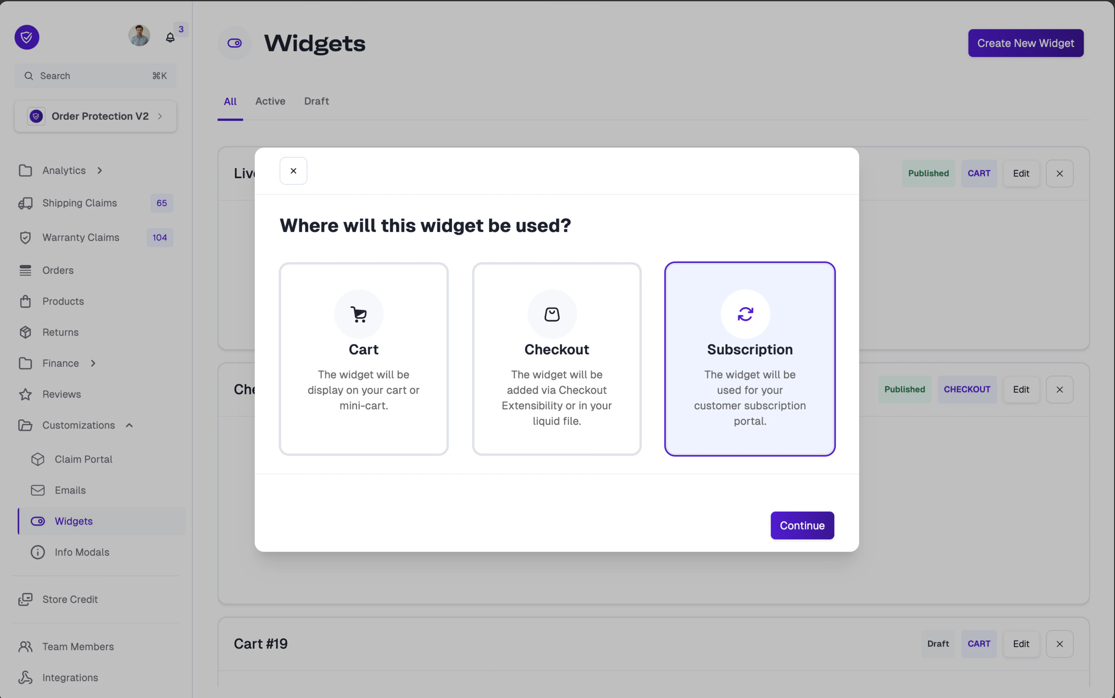 Widget type selector with Subscription option highlighted