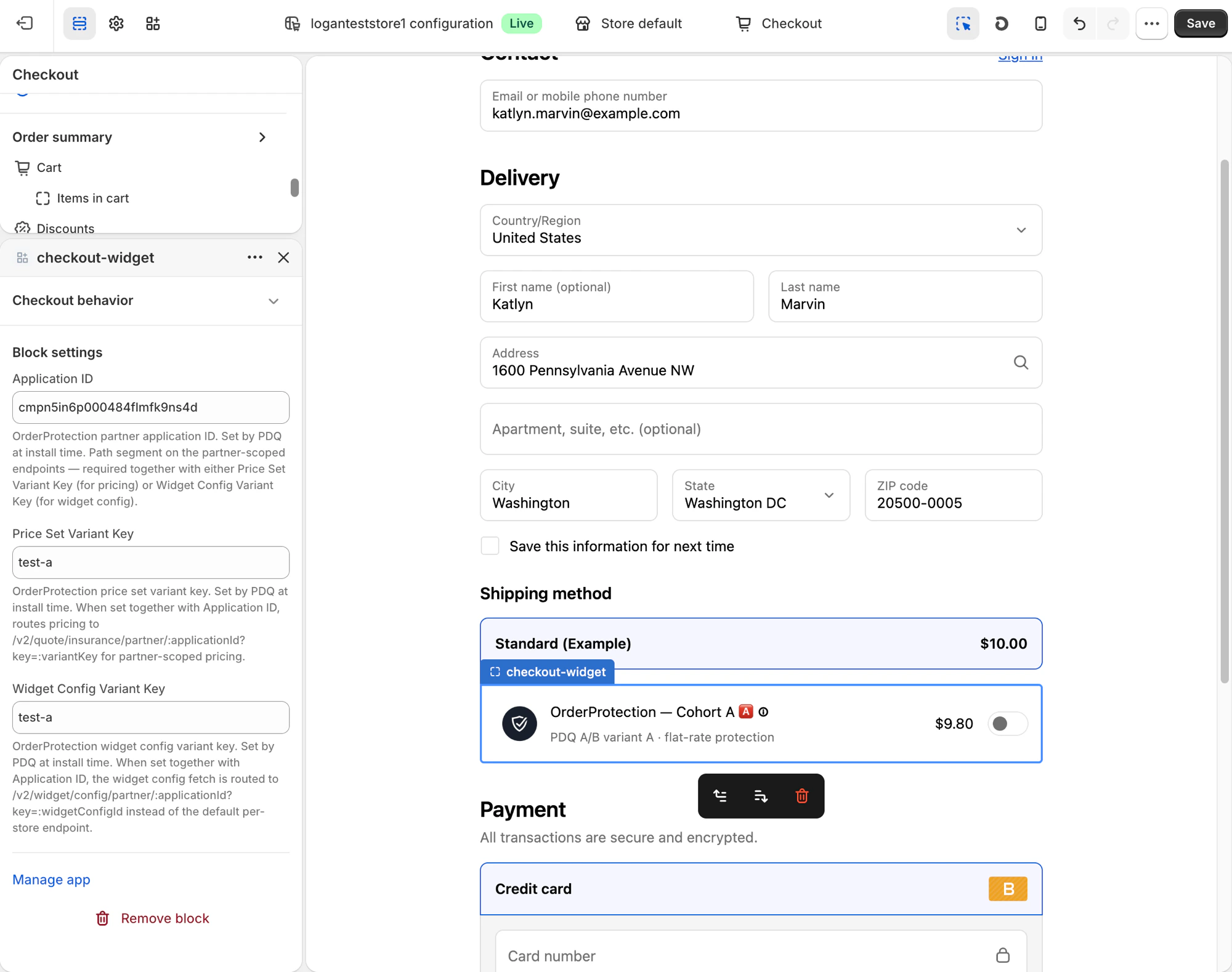 Shopify checkout editor showing the checkout-widget Block settings: Application ID, Price Set Variant Key, and Widget Config Variant Key, with the OrderProtection — Cohort A widget rendering in the checkout preview at $9.80.